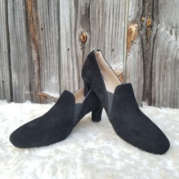 Square Toe Pumps Adrienne Vittadini Lave Size 8.5 Black Suede Leather Pilgrim - Picture 1 of 15